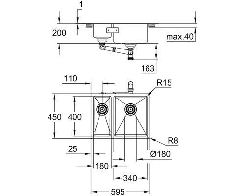 Technický nákres dřezu se dvěma komorami a rozměry