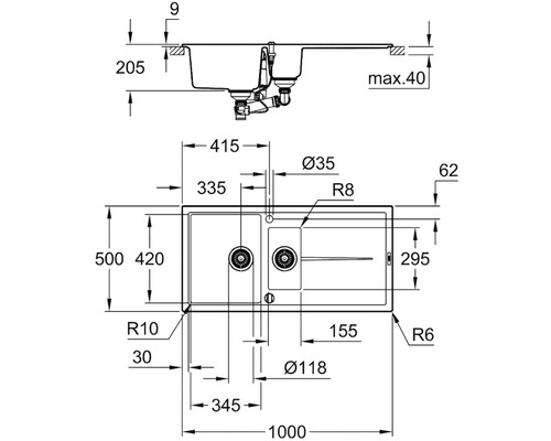 Technický nákres kuchyňského dřezu s rozměry