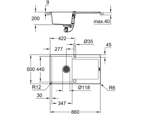 Technický výkres dřezu s rozměry