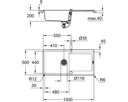 Technický nákres dřezu s rozměry