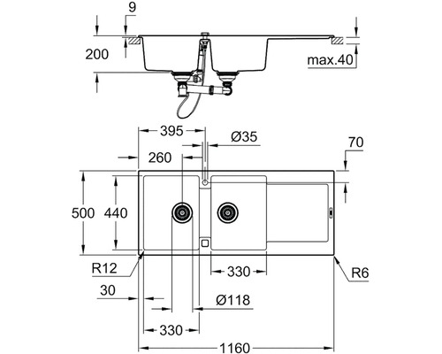 Technický výkres dřezu s rozměry
