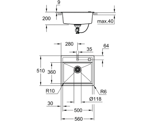 Technický výkres kuchyňského dřezu s rozměry.