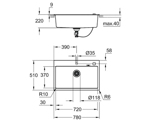Technický výkres dřezu s rozměry