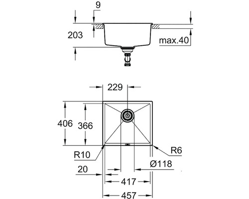 Technický nákres kuchyňského dřezu s rozměry