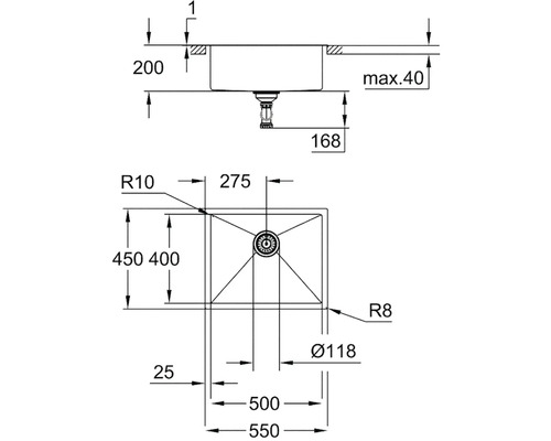 Technický výkres dřezu s rozměry.