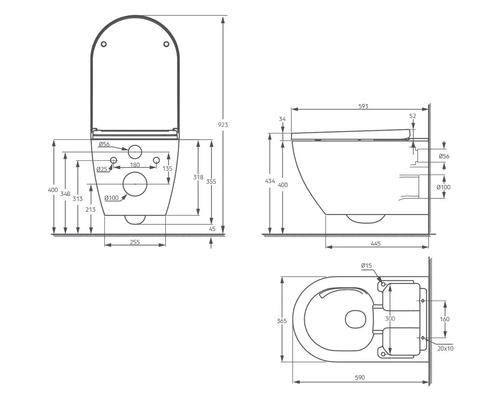 Technický výkres závěsného WC s rozměry