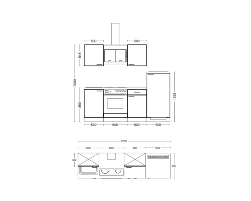 Návrh kuchyně s rozměry pro spodní skříňky, horní skříňky a spotřebiče