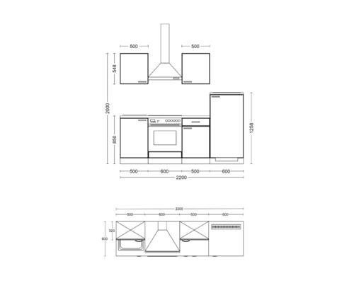 Nákres kuchyňské linky s rozměry.