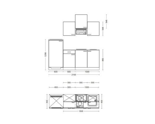 Nákres kuchyňské linky s rozměry