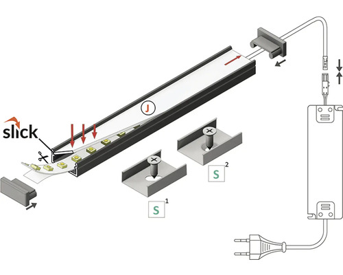 Montážní návod pro LED lištu s profilem, LED páskou, držáky, napájecím zdrojem a zástrčkou