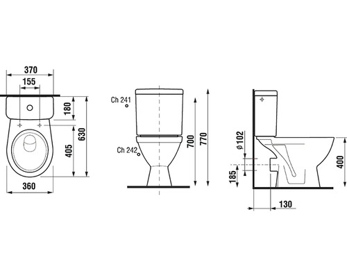 Technický výkres toalety s rozměry
