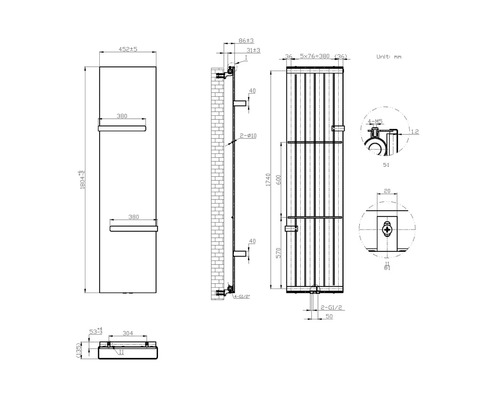 Technický výkres topného tělesa s rozměry