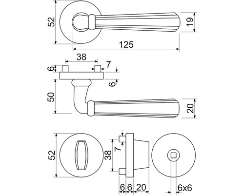 Technický výkres kliky ke dveřím s rozměry