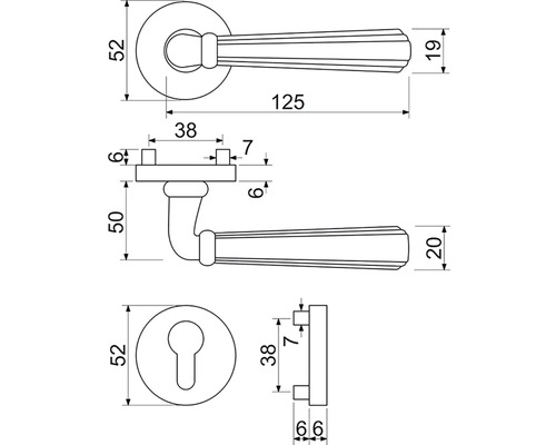 Technický nákres kliky dveří s rozetou a zámkovou rozetou s rozměry