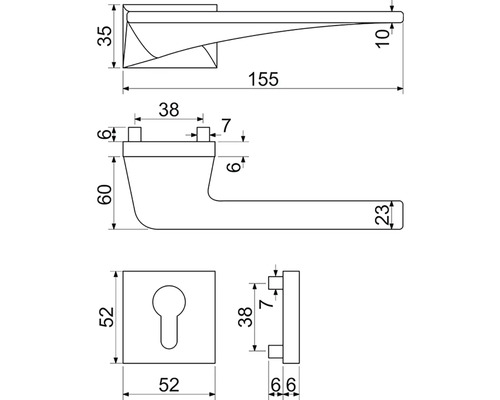 Technický výkres kliky dveří s rozměry