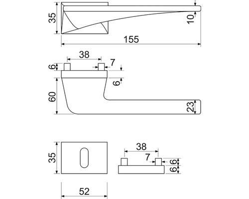 Technický nákres kliky dveří s rozměry