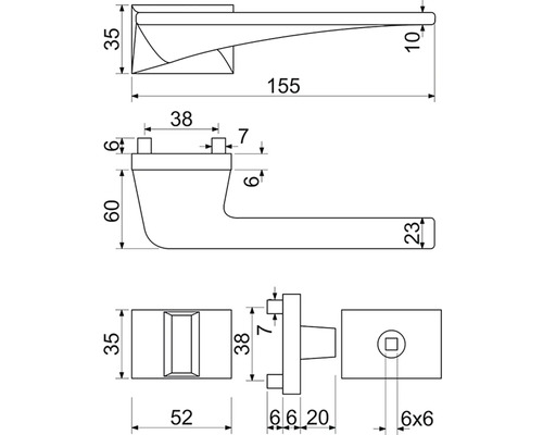 Technický nákres kliky dveří s rozměry