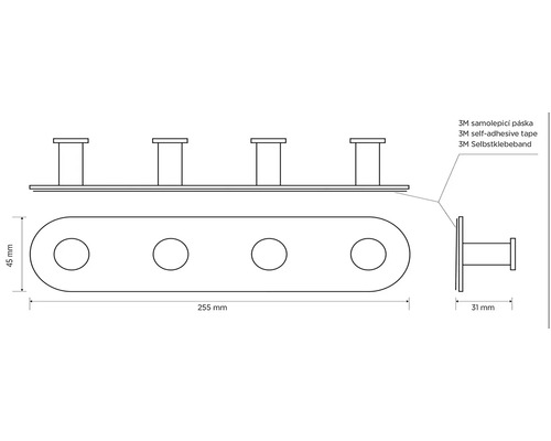Technický nákres věšáku se čtyřmi háčky, rozměry a informace o lepicí pásce 3M.