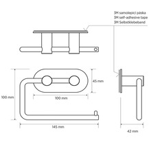 Technický nákres držáku toaletního papíru s rozměry 100 mm, 45 mm, 145 mm a 42 mm a 3M samolepicí páskou.