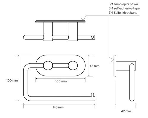 Technický nákres držáku toaletního papíru s rozměry 100 mm, 45 mm, 145 mm a 42 mm a 3M samolepicí páskou.