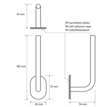 Technický nákres držáku na ručníky o rozměrech 74 mm, 180 mm a 45 mm, včetně 3M samolepicí pásky