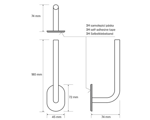 Technický nákres držáku na ručníky o rozměrech 74 mm, 180 mm a 45 mm, včetně 3M samolepicí pásky