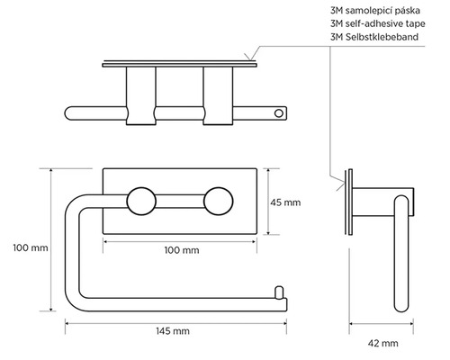 Technický nákres držáku toaletního papíru s 3M samolepicí páskou a rozměry