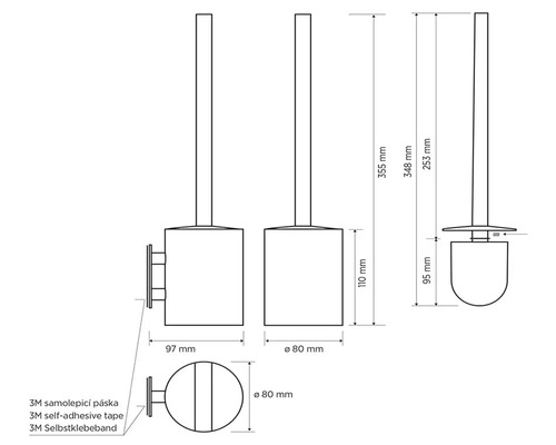 Technický nákres WC štětky s rozměry