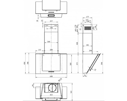 Rozměrový výkres odsavače par s různými pohledy a rozměry