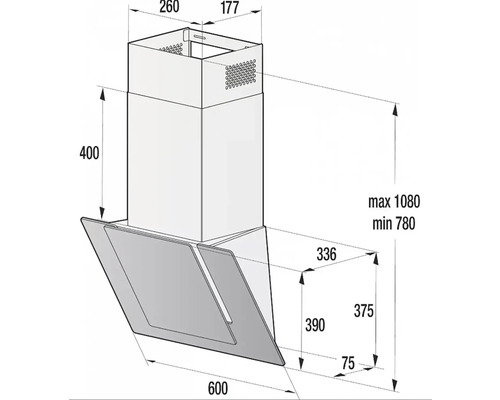 Technický nákres odsavače par s rozměry