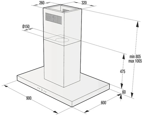Technický výkres odsavače par s rozměry