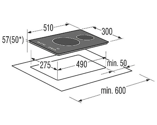 Rozměrový výkres varné desky o rozměrech 510, 300 a 57 milimetrů.