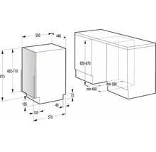 Technický výkres vestavné chladničky s rozměry