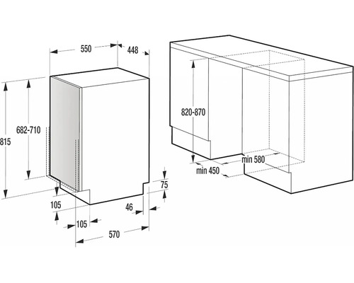 Technický výkres vestavné chladničky s rozměry