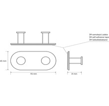 Technický výkres věšáku s rozměry 45 mm výška, 115 mm šířka a 31 mm hloubka a poznámkou o 3M samolepicí pásce