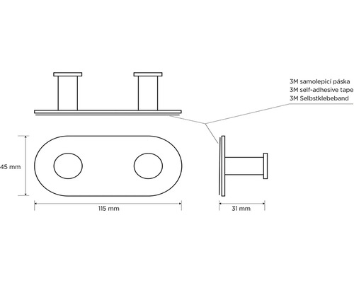 Technický výkres věšáku s rozměry 45 mm výška, 115 mm šířka a 31 mm hloubka a poznámkou o 3M samolepicí pásce