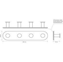 Technický nákres nástěnné věšákové lišty se čtyřmi háčky a rozměry 45 mm, 255 mm a 31 mm.