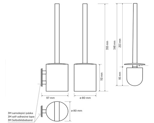Technický výkres toaletní štětky s rozměry