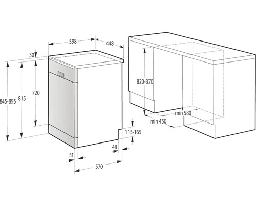 Technický výkres myčky nádobí s rozměry pro instalaci