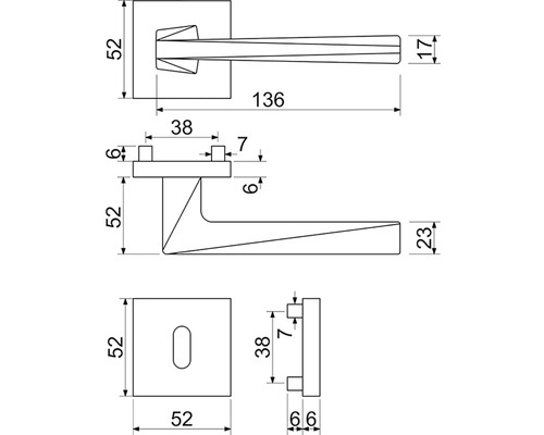 Technický nákres kliky dveří s rozměry
