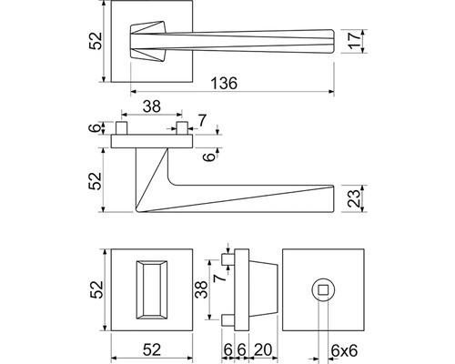 Technický nákres kliky dveří s rozměry