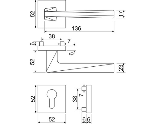 Technický výkres kliky dveří s rozměry