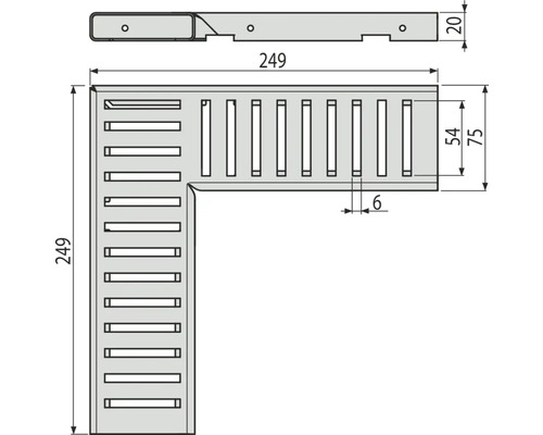 Technický výkres rohového dílu pro odvodňovací žlab s rozměry