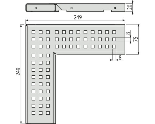Technický nákres děrovaného úhelníku s rozměry