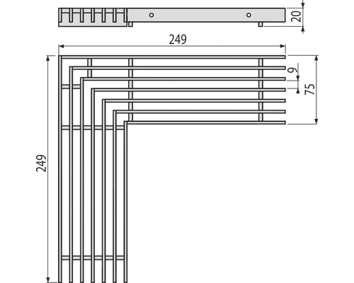 Technický výkres rohové police s rozměry