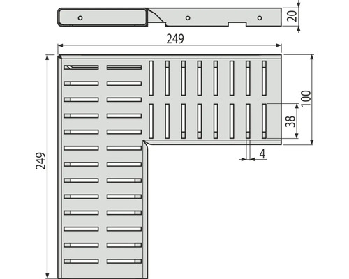 Technický nákres rohového dílu o rozměrech 249 x 249 mm, šířce 100 mm a výšce 20 mm.