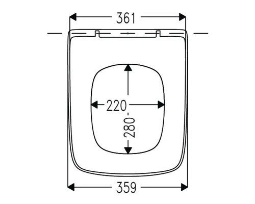 Technický výkres WC sedátka s rozměry.