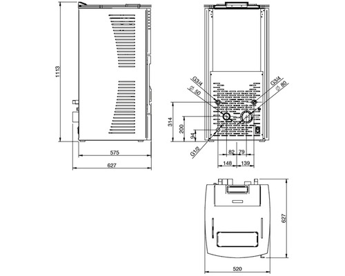 Rozměrový výkres kamen s výškou, bočním a čelním pohledem s rozměry