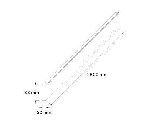 Nákres soklové lišty o rozměrech 2800 mm délka, 88 mm výška a 22 mm šířka.