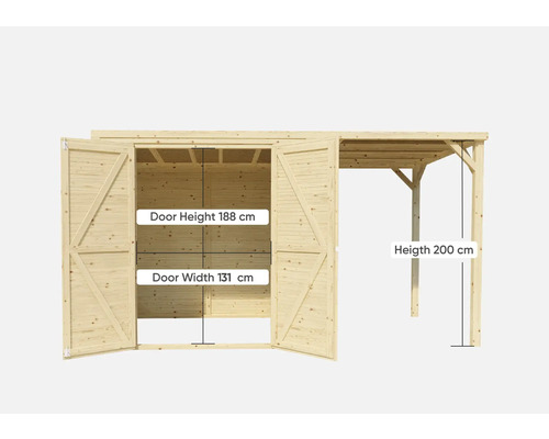 Dřevěný zahradní domek s dvoukřídlými dveřmi a přístřeškem pro auto, výška dveří 188 cm, šířka dveří 131 cm, výška přístřešku pro auto 200 cm